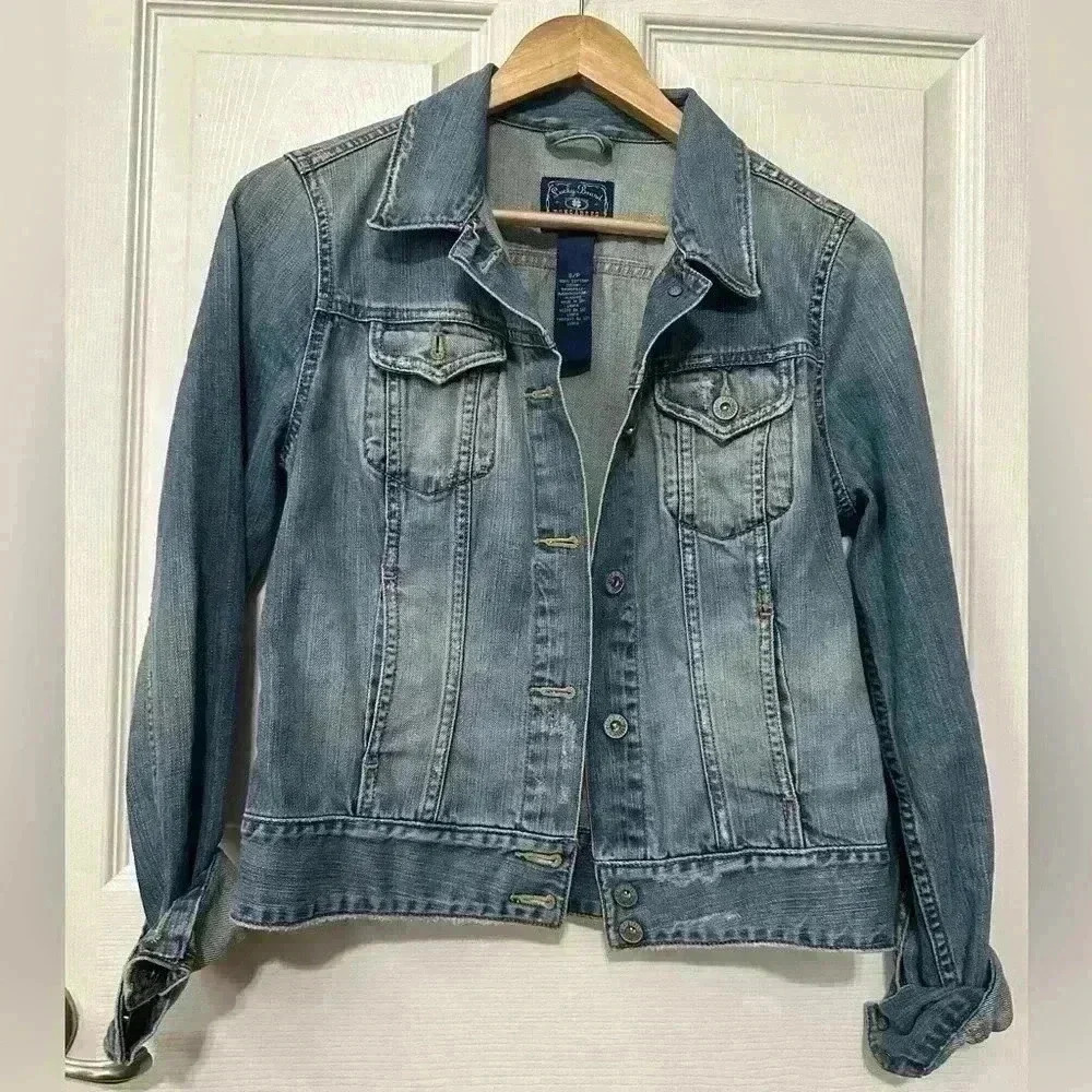 Lucky Brand Distressed Button up Denim Jean Jacket Ladies Size Small Preppy